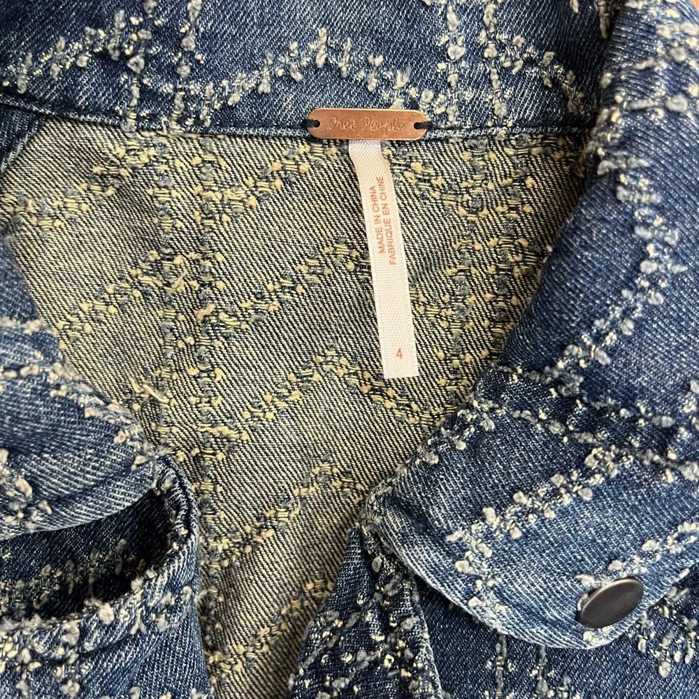 Free People Denim Moto Zip Chevron Jacket Textured Blue Size 4 - Picture 4 of 5